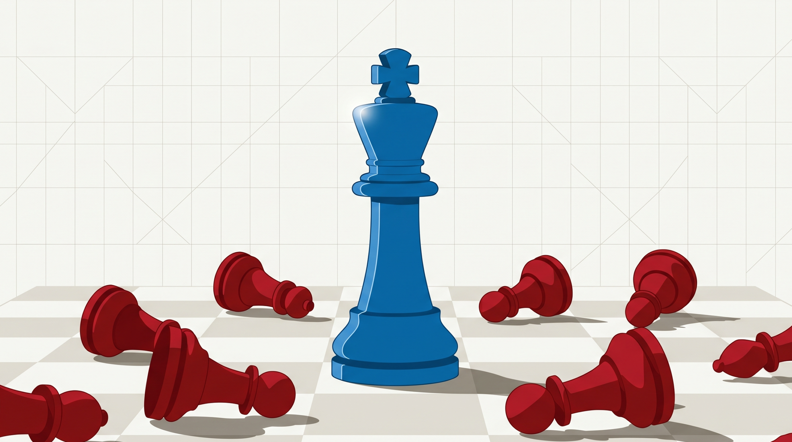 A blue chess king stands tall among fallen red pieces, representing how advisor behaviour determines outcomes during market volatility