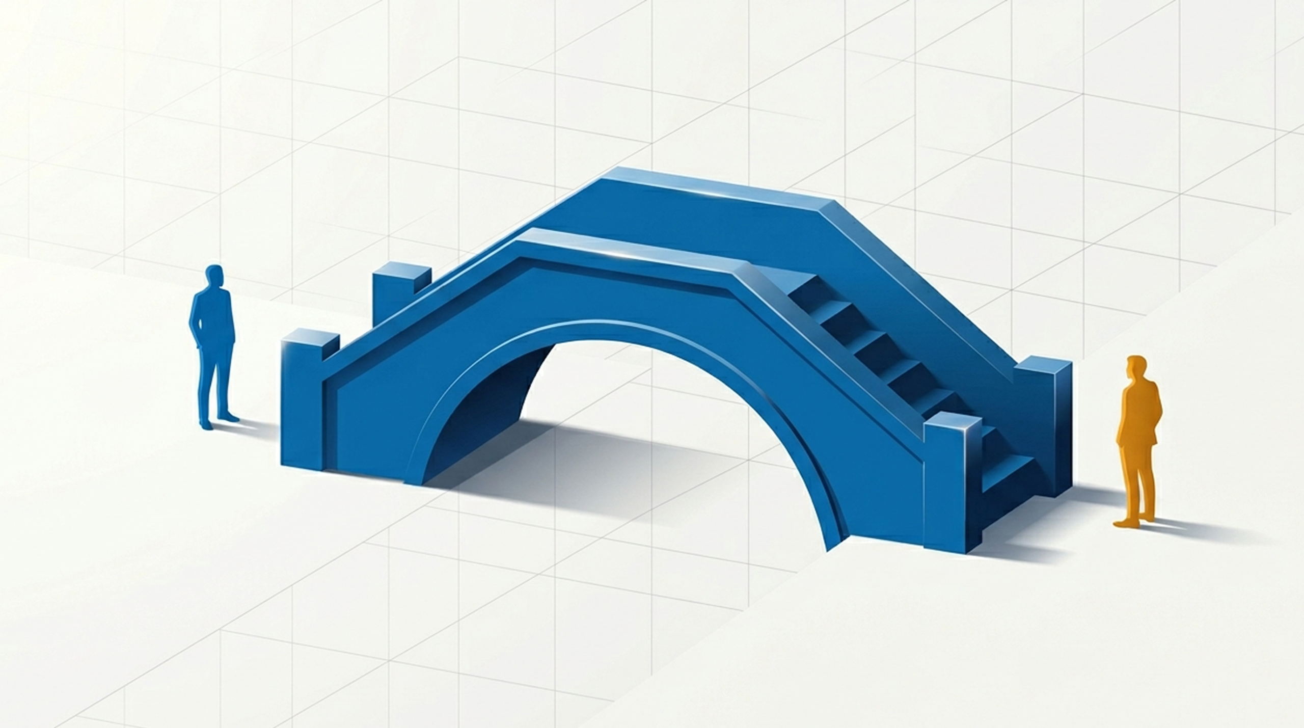 A blue bridge connects an advisor and client figure across a gap, representing trust as the foundation of a mutual fund distribution practice