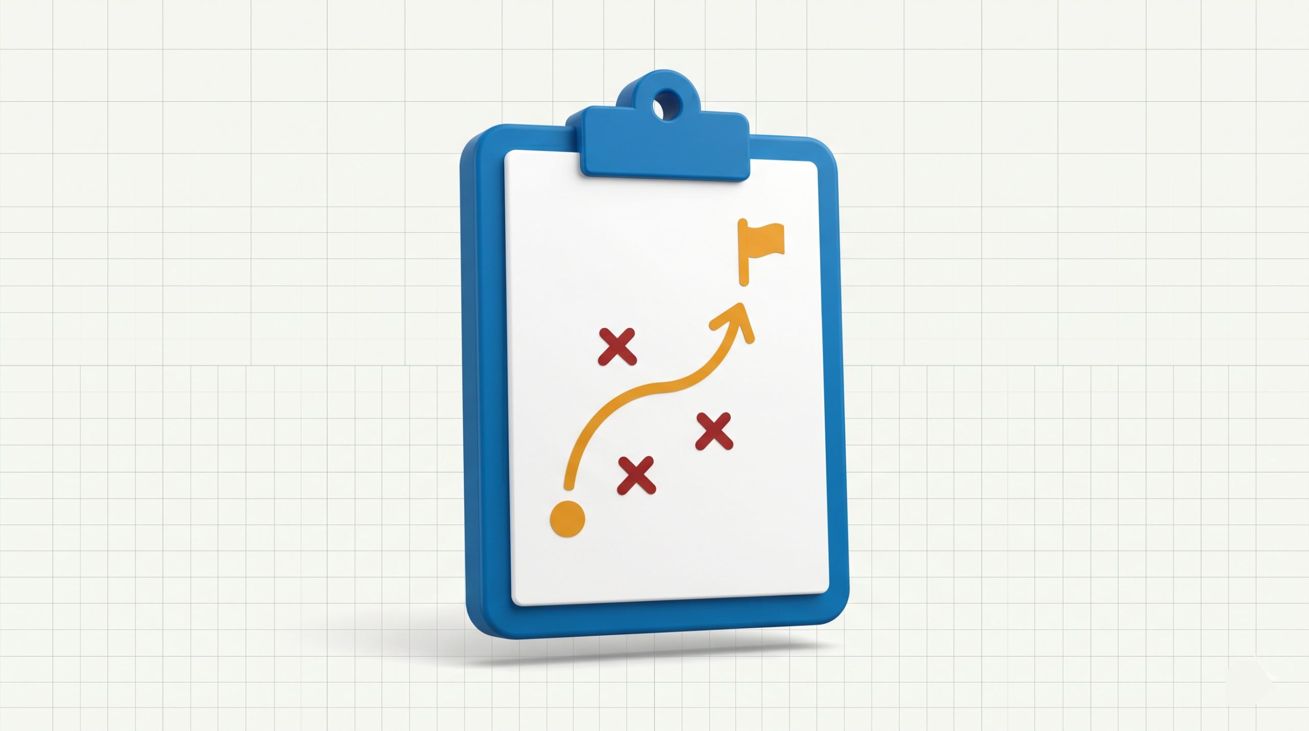 A blue coaching clipboard with an amber arrow navigating past red obstacles toward a goal, representing the behavioural coach approach for mutual fund advisors